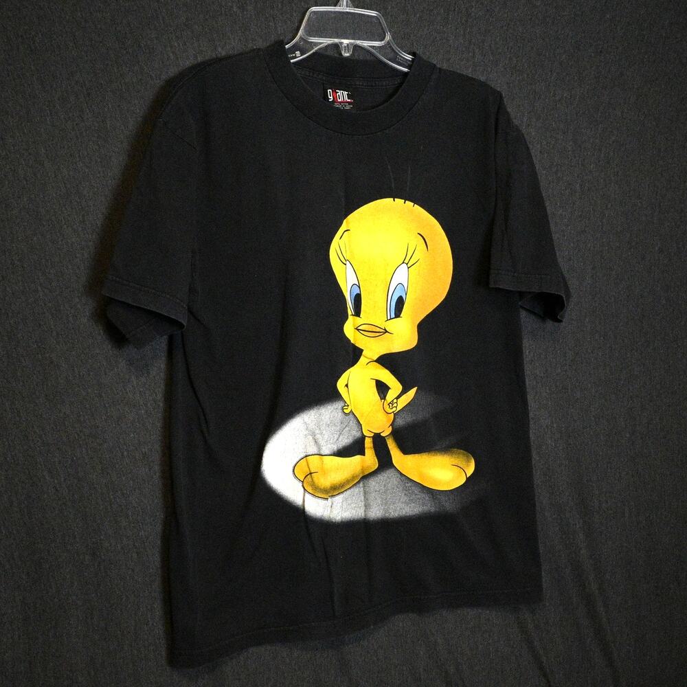 VINTAGE Giant Tweety Bird Women's L T-Shirt Black Spotlight VTG